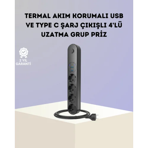 Mey İthalat® Akım Korumalı Çoklu Priz 4’lü 2 USB 1 Type-C 2500W Güçlü Tasarım