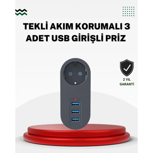 Mey İthalat® Akım Korumalı USB’li Priz – Güçlü 2500W, Isı ve Çocuk Koruması