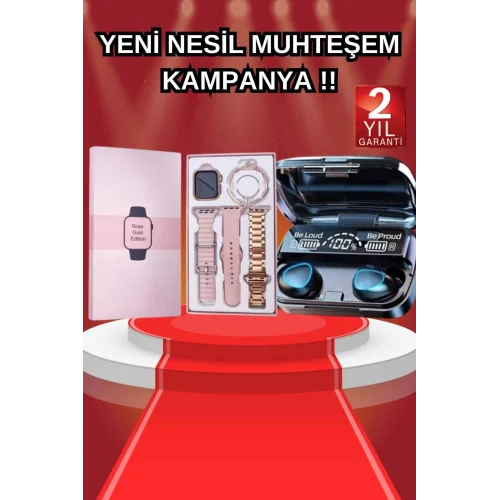 Mey İthalat® Aksesuar Hediyeli Akıllı Saat ve Dijital Göstergeli Powerbankli Bluetooth Kulaklık