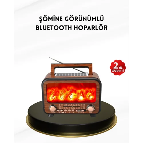 Mey İthalat® Alev Işığı Efektli Solar Bluetooth Hoparlör Radyo Destekli Taşınabilir Model