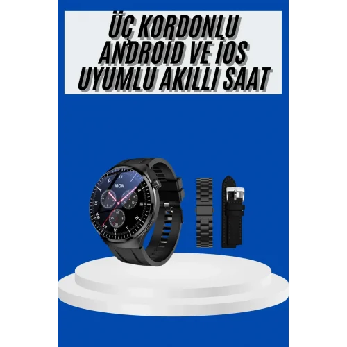 Mey İthalat® Amoled Ekran Akıllı Saat Üç Kordonlu İOS Android Uyumlu
