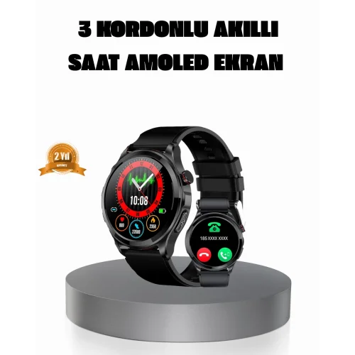 Mey İthalat® AMOLED Ekranlı Smartwatch – 3 Kordonlu, Kalp Atış & Uyku Takipli Akıllı Saat