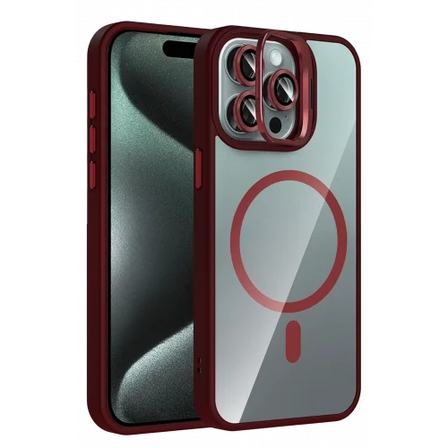 Mey İthalat®  Apple iPhone 14 Pro Max Remim Lensli Magsafe Standlı Kapak - Bordo