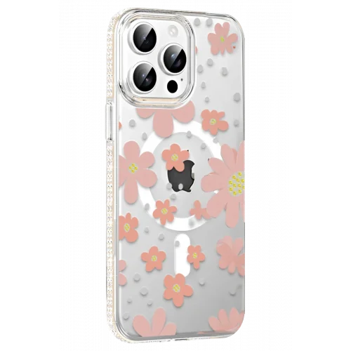 Mey İthalat®  Apple iPhone 15 Pro Max Floral Magsafe Kapak - Pembe
