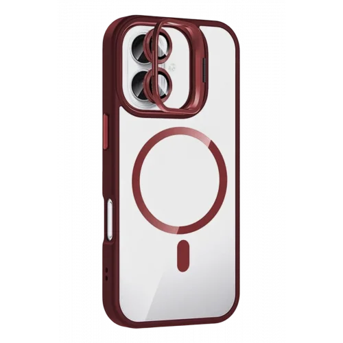 Mey İthalat®  Apple iPhone 16 Plus Remim Lensli Magsafe Standlı Kapak - Bordo