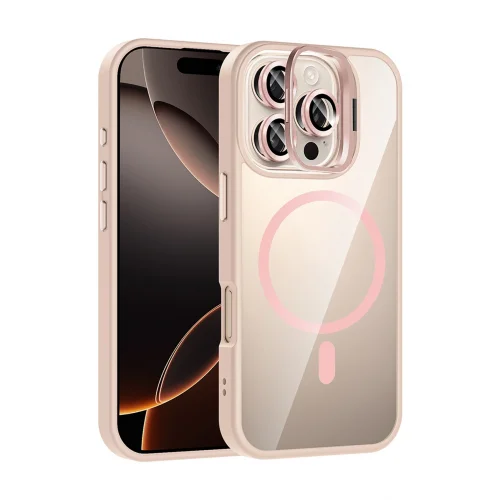 Mey İthalat®  Apple iPhone 16 Pro Max Remim Lensli Magsafe Standlı Kapak - Pembe