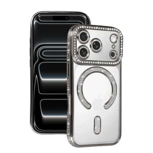 Mey İthalat®   iPhone 17 Pro Joke Simli Magneticsafe Kılıf - Gümüş