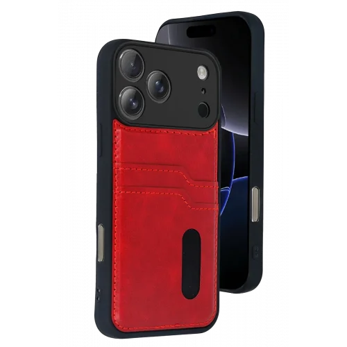 Mey İthalat®  Apple iPhone 17 Pro Max Sara Kartvizitli Deri Kılıf - Kırmızı