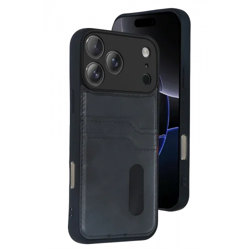 Mey İthalat®  Apple iPhone 17 Pro Max Sara Kartvizitli Deri Kılıf - Siyah