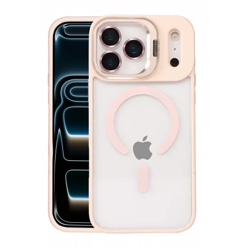 Mey İthalat®  Apple iPhone 17 Pro Remim Lensli Magsafe Standlı Kapak - Pembe