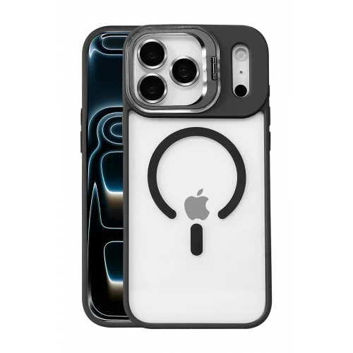 Mey İthalat®  Apple iPhone 17 Pro Remim Lensli Magsafe Standlı Kapak - Siyah