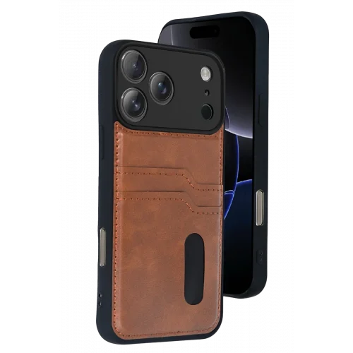 Mey İthalat®  Apple iPhone 17 Pro Sara Kartvizitli Deri Kılıf - Taba