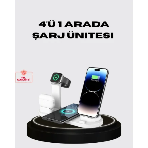 Mey İthalat® Apple Uyumlu Kablosuz Şarj İstasyonu 4 Cihaz Destekli ve Hızlı Şarjlı
