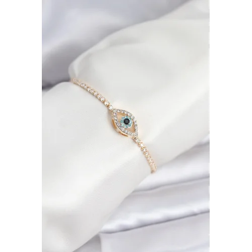 Mey İthalat® Göz Model Zirkon Taşlı Gold Renk Asansörlü Su Yolu Bileklik