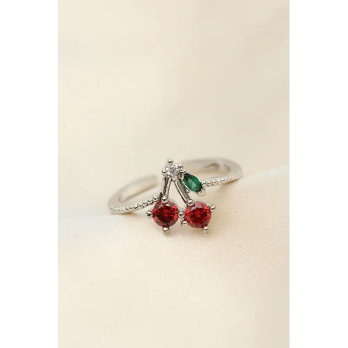 Mey İthalat® Ayarlamalı Gümüş Renk Kristal Taşlı Kiraz Yüzük