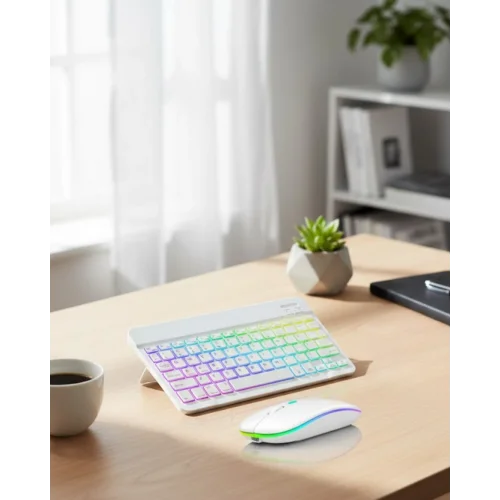 Mey İthalat® Aydınlatmalı Kablosuz Klavye Mouse Seti Bluetooth Bağlantılı Çoklu Cihaz Uyumlu