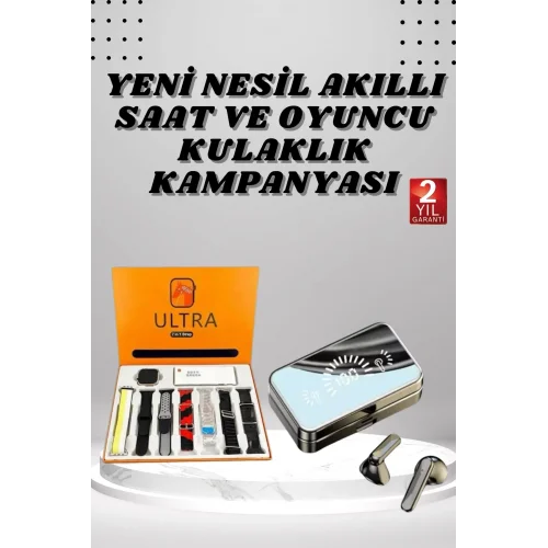 Mey İthalat® Aynalı Bluetooth Kulaklık ve 7 Kordonlu Akıllı Saat Dijital Göstergeli Uzun Pil Ömrü