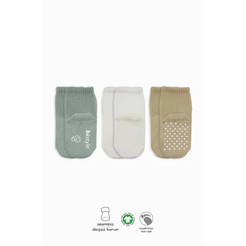 Mey İthalat®   Basic Kaymaz Penye Soket Çorap 3Lü BS10107 Nil Ekru Bej
