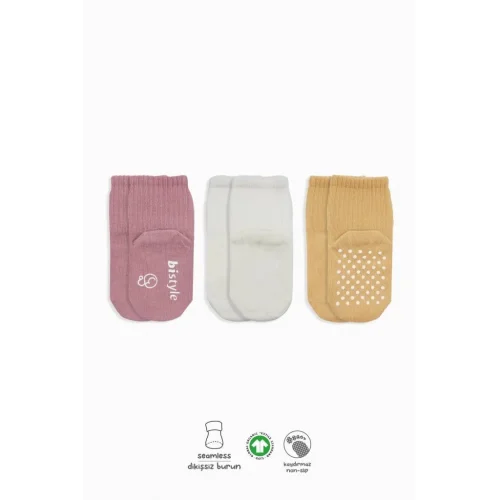 Mey İthalat®   Basic Kaymaz Penye Soket Çorap 3Lü BS10107 Pudra Ekru Somon