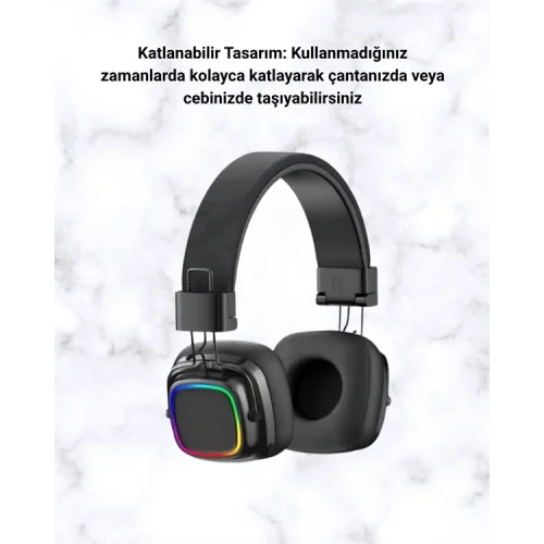 Mey İthalat® Bluetooth 5.3 Rainbow Işıklı Kulak Üstü Kablosuz Kulaklık