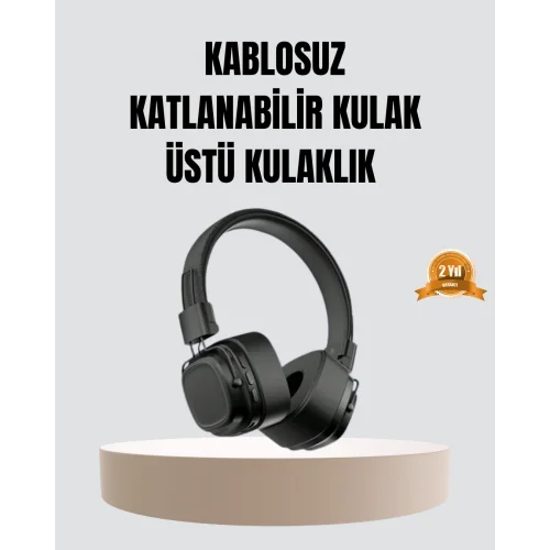 Mey İthalat® Bluetooth Kablosuz Kulak Üstü Kulaklık Katlanabilir Konforlu ve Şık Tasarımlı