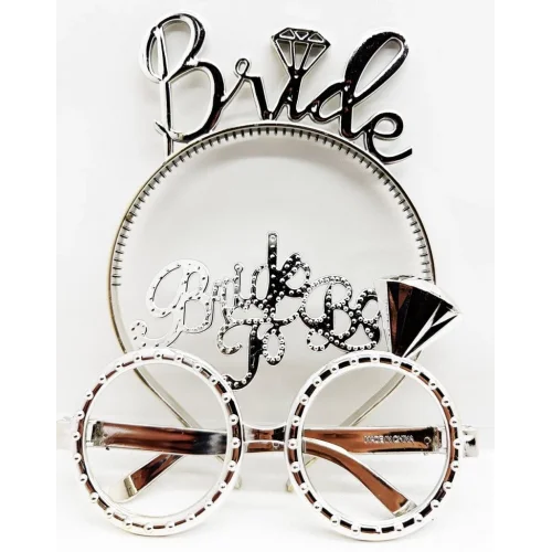 Mey İthalat® Bride Yazılı Taç ve Bride To Be Yazılı Gözlü  Seti Gümüş Renk