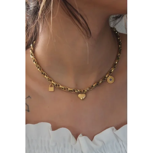 Mey İthalat® Çelik Gold Renk Kalın Zincir Model Kalp Figür Kadın Kolye