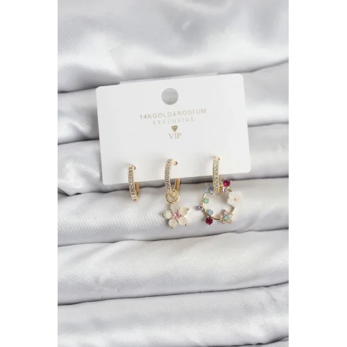 Mey İthalat® Çiçek Model Gold Renk Pirinç 3lü Kadın Küpe Seti