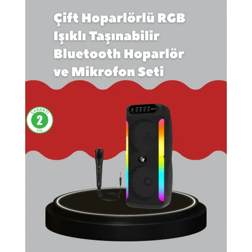 Mey İthalat® Çift 4 inç Hoparlörlü RGB Işıklı Bluetooth Ses Sistemi