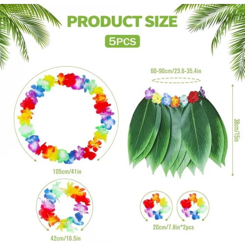 Mey İthalat® Çocuk Hawaii Kostüm Seti - Yaprak Etek & Hawaii Set - 5 Parça