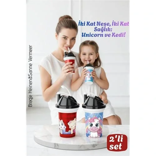 Mey İthalat® Çocuk Pipetli Bardak Seti 2li Unicorn & Kedi Figürlü İkili Eğlenceli Kapaklı Suluk Matara 300 ml