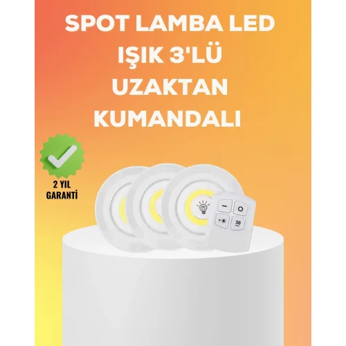 Mey İthalat® Çok Amaçlı Kullanım İçin Kablosuz Yapışkanlı 3 Lü Uzaktan Kumandalı Led Spot Lamba