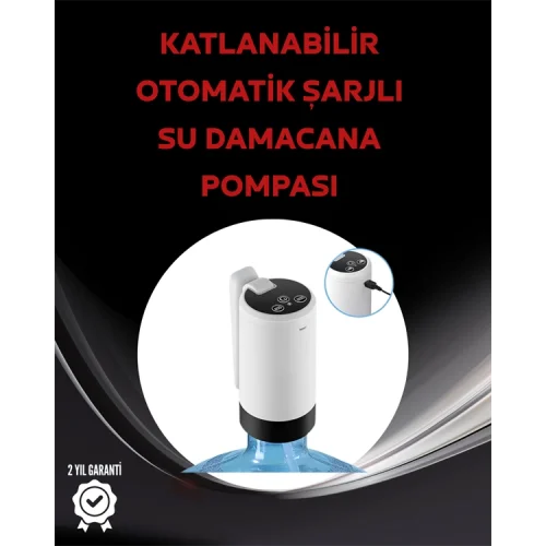 Mey İthalat® Damacana Üstü Akıllı Su Pompası | 3 Damacana Kullanım | 4W Güç | Micro USB Şarjlı | Katlanabilir & Taşınabilir