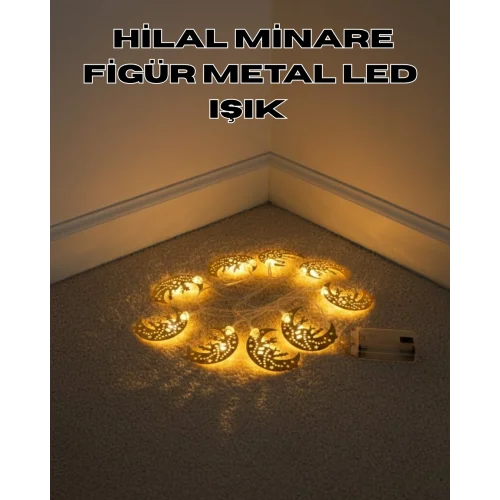 Mey İthalat® Dekoratif Minareli Hilal LED Işık Metal Gövdeli Ramazan Aydınlatma