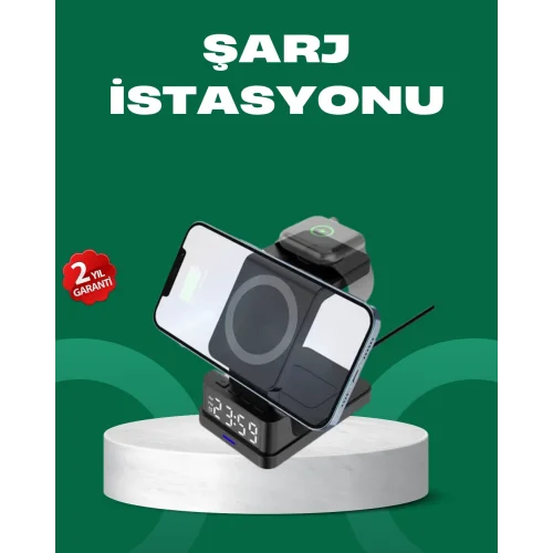 Mey İthalat® Dijital Saatli Kablosuz Şarj İstasyonu – 3’ü 1 Arada Apple Uyumlu Hızlı Şarj ve LED Ekran