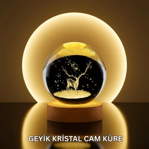 Mey İthalat® Doğal Ahşap Standlı Geyik Figürlü Kristal Küre LED Dekoratif Lamba