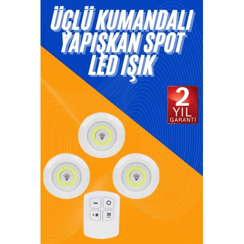 Mey İthalat® Dolap Işığı Mutfak Rafı Işığı Uzaktan Kumandalı 3 Lü Spot Led Lamba