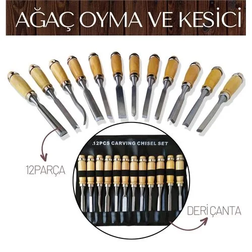 Mey İthalat® Elena 12 Parça Çantalı Ağaç Oyma ve Kesici Set