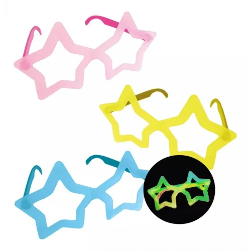 Mey İthalat®  Fosforlu Yıldız Model Glow Parti Gözlüğü Karanlıkta Yanan Gözlükler 12 Adet