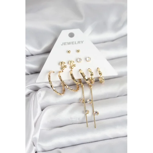 Mey İthalat® Gold Renk 6 Çift Pirinç Kadın Küpe Seti