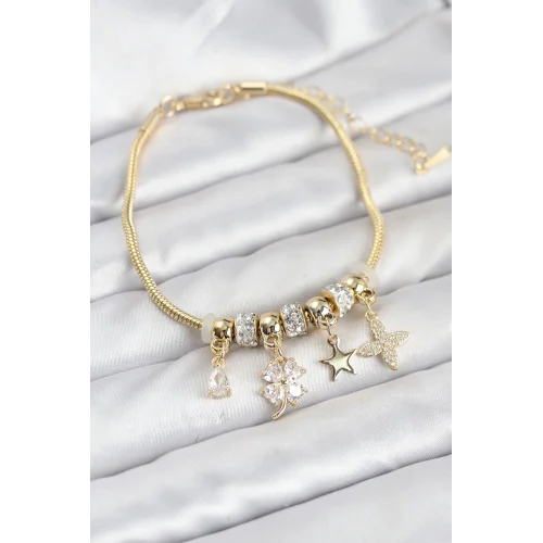 Mey İthalat® Gold Renk Pirinç Yonca Charmlı Kadın Bileklik