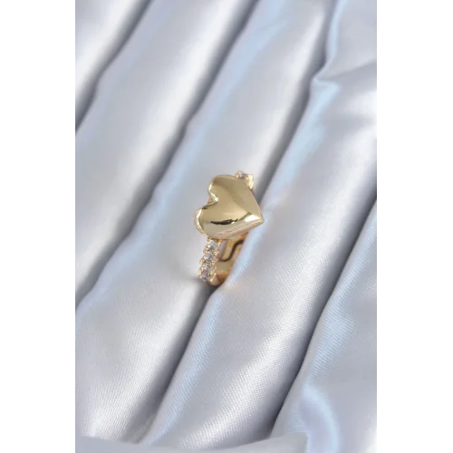 Mey İthalat® Gold Renk Pirinç Zirkon Taşlı Kalp Model Kadın Yüzük