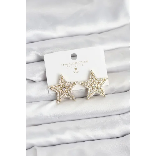 Mey İthalat® Gold Renk Pirinç Zirkon Taşlı Yıldız Model Kadın Küpe