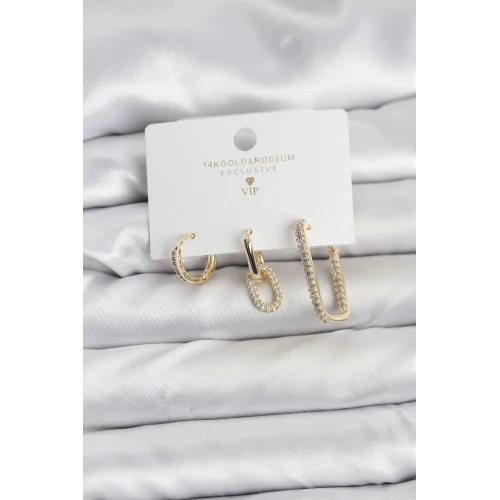 Mey İthalat® Gold Renk Zirkon Taşlı 3lü Kadın Küpe Seti