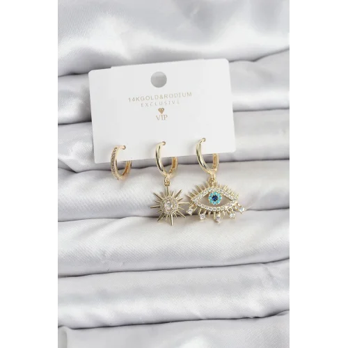 Mey İthalat® Göz Model Gold Renk Pirinç 3lü Kadın Küpe Seti