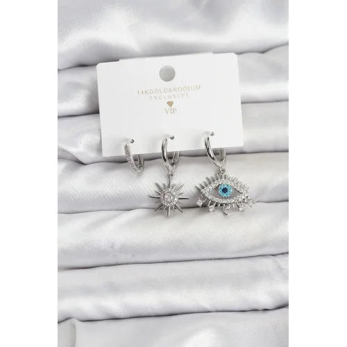 Mey İthalat® Göz Model Gümüş Renk Pirinç 3lü Kadın Küpe Seti