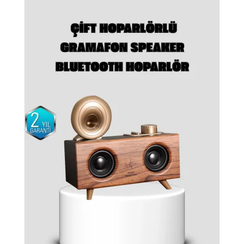 Mey İthalat® Gramafon Tasarımlı Bluetooth Hoparlör 3D Ses Teknolojili Çok Fonksiyonlu
