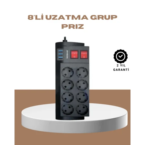 Mey İthalat® Güçlü Termal Korumalı 8 Priz + 3 USB Çoklu Uzatma Kablosu 2m