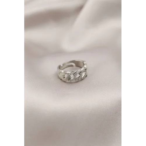 Mey İthalat® Gümüş Renk Metal Zincir Model Taşlı Kadın Yüzük