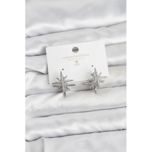 Mey İthalat® Gümüş Renk Pirinç Çift Taraflı Kutup Yıldızı Kadın Küpe